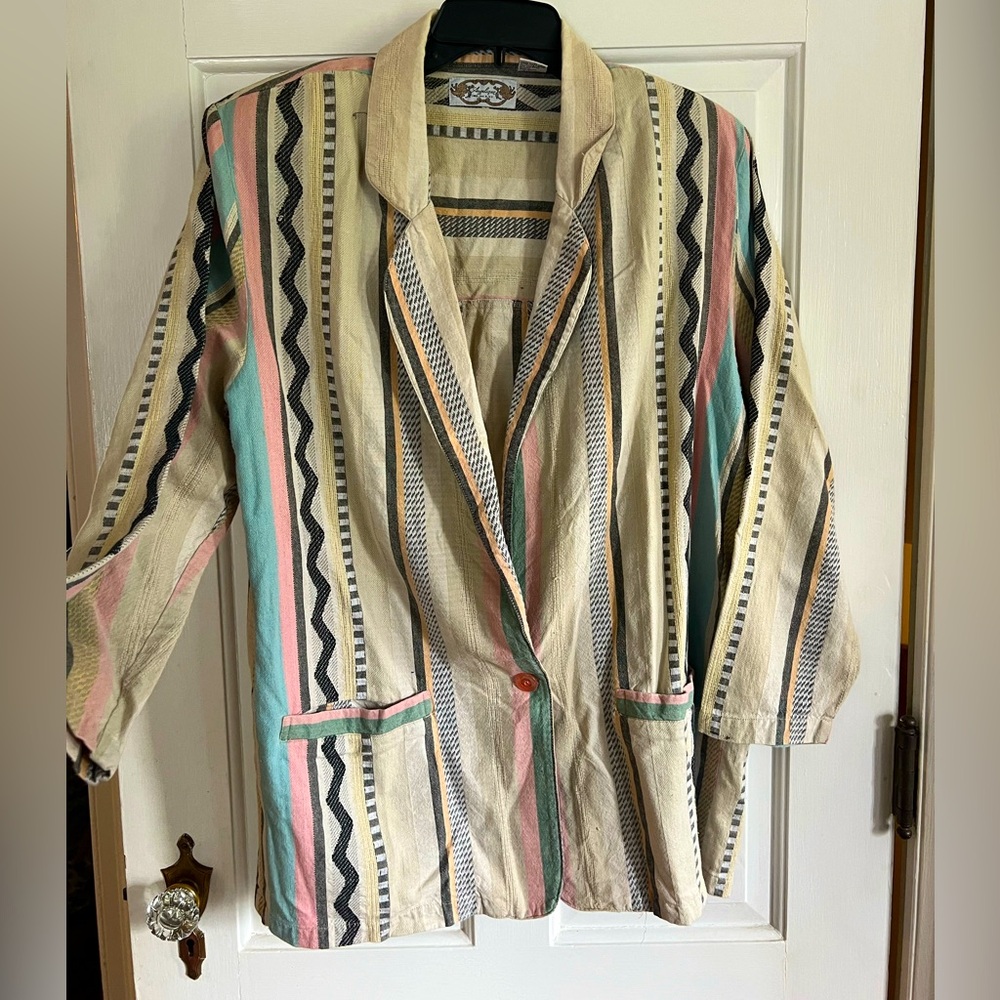 Angelique NYC vintage stripe texture cotton jacket pink, blue & cream sz LARGE